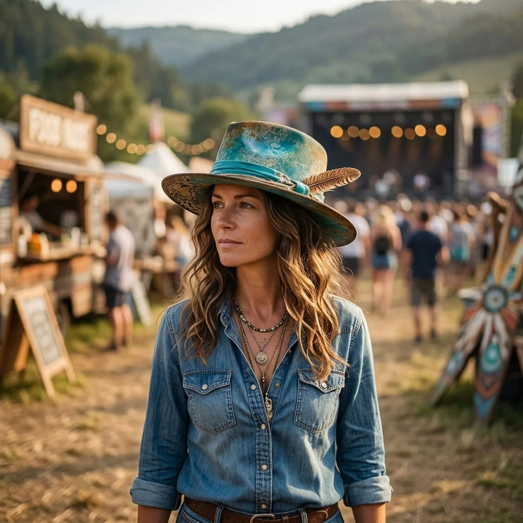 Turquoise Felt Western Hat with Dark Band and Striped Feather