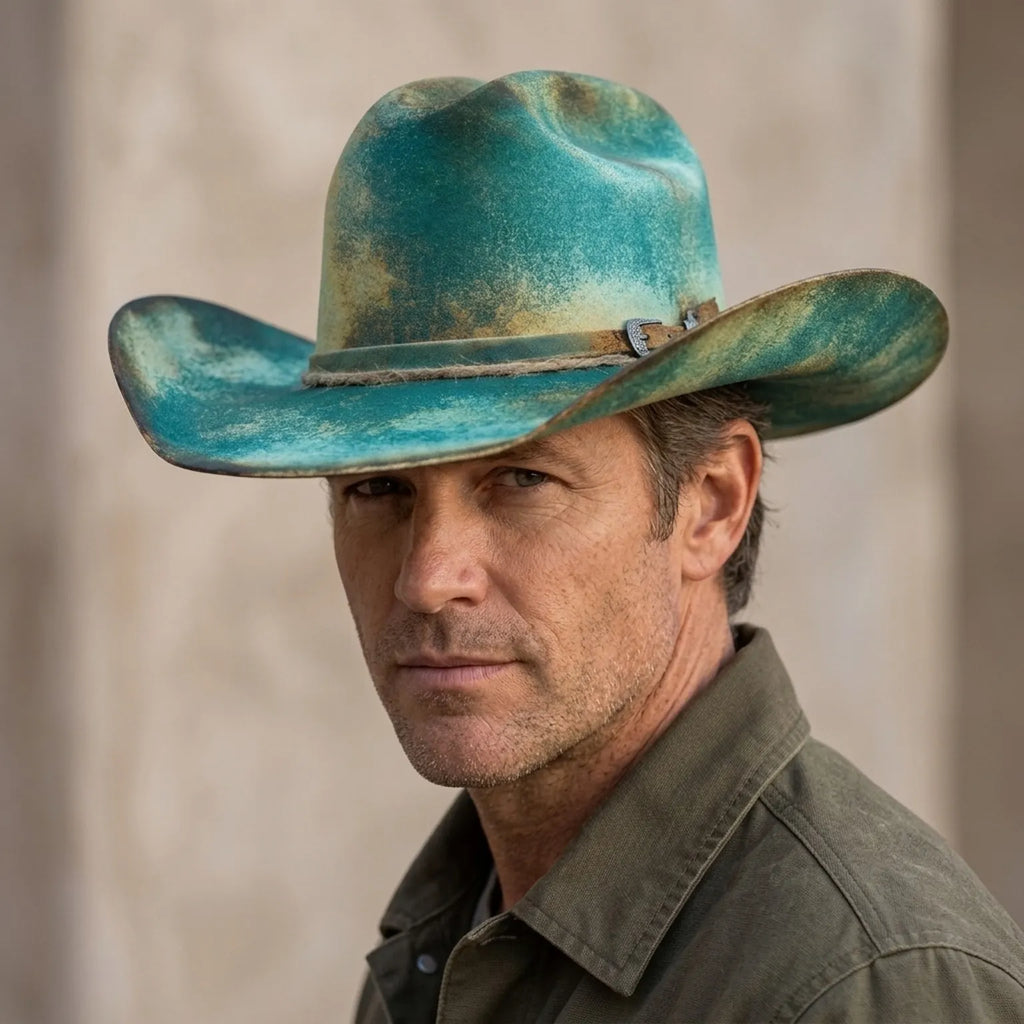 Distressed Teal Cowboy Hat with Leather and Twine Band