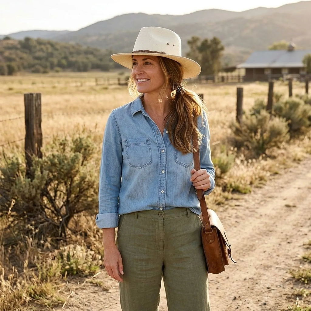 White Straw Fedora Hat with Braided Leather Band and Wide Brim