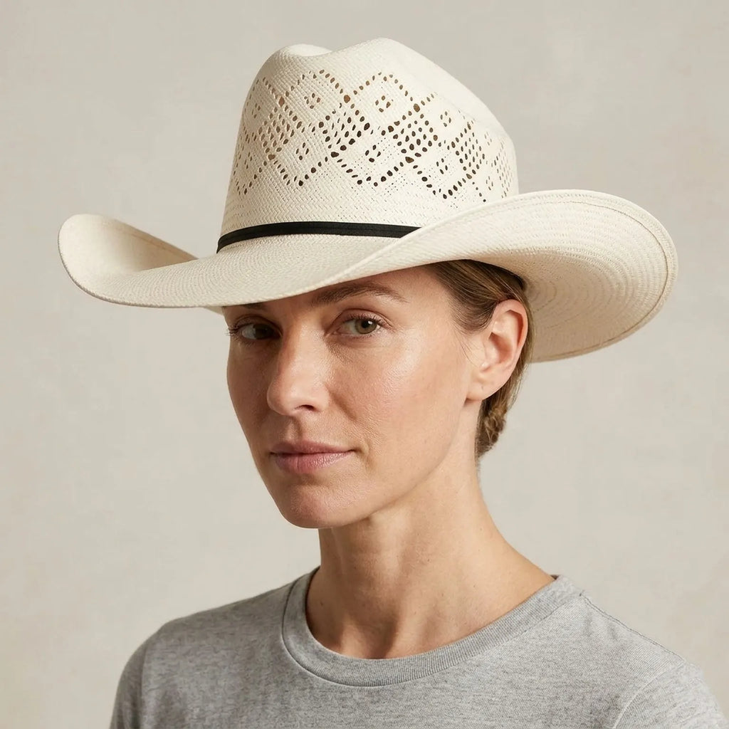White Straw Sun Hat with Vented Diamond Crown and Grosgrain Band