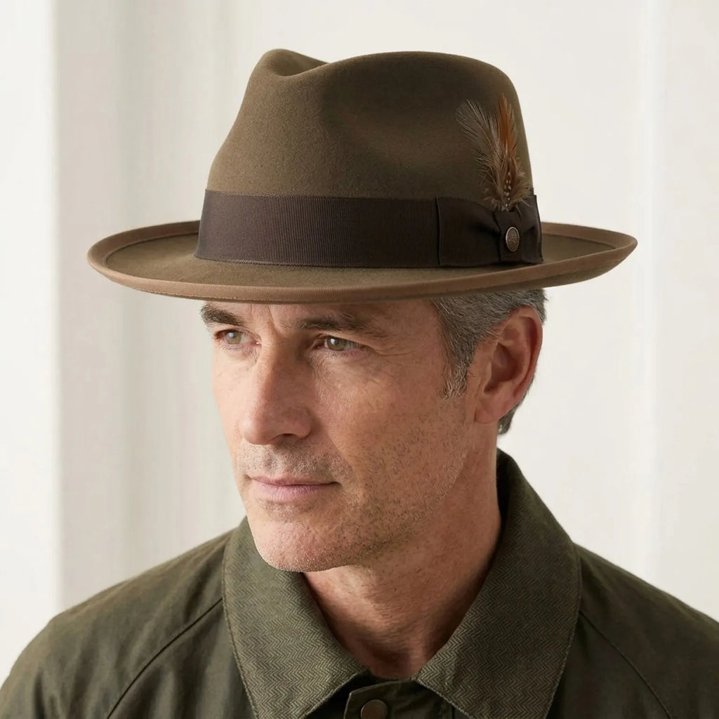 Olive Green Fedora With Dark Band and Feather Accent