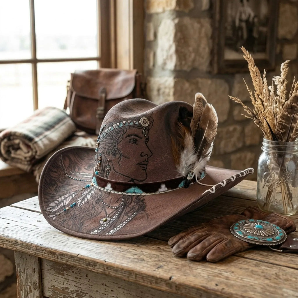Brown Cowboy Hat with Portrait Etching and Beaded Feather Band