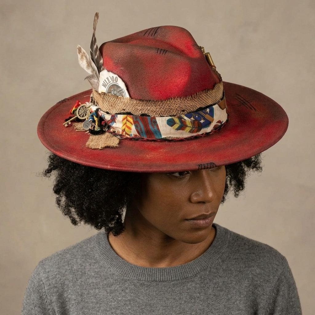 Boho Red Fedora with WILDROO Badge and Charm Details