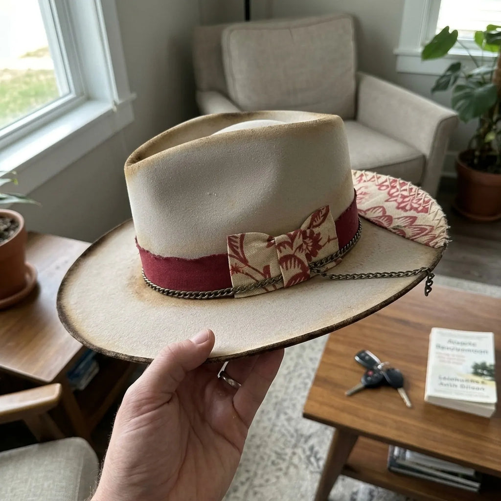 Cream Felt Fedora with Floral Bow and Chain Detail