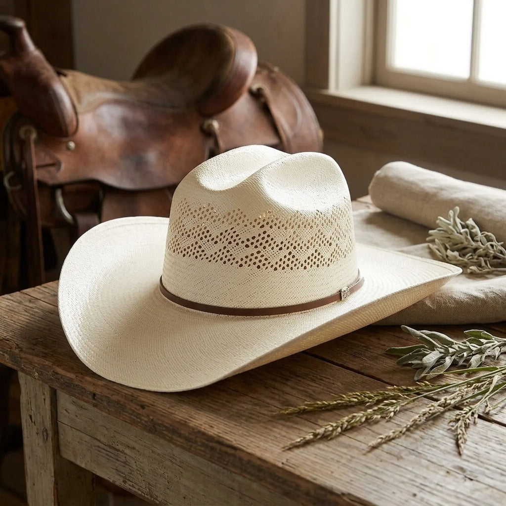 White Ventilated Straw Cowboy Hat for Summer and Outdoor