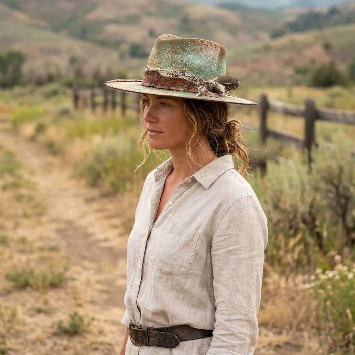 Patina Green Cowboy Hat with Rust Leather Patch and Feather