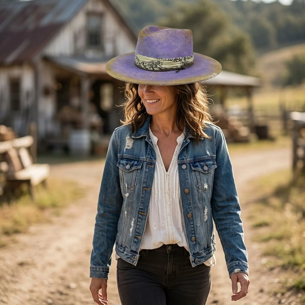 Purple Tie-Dyed Fedora With Patterned Band And Whip-Stitch Brim