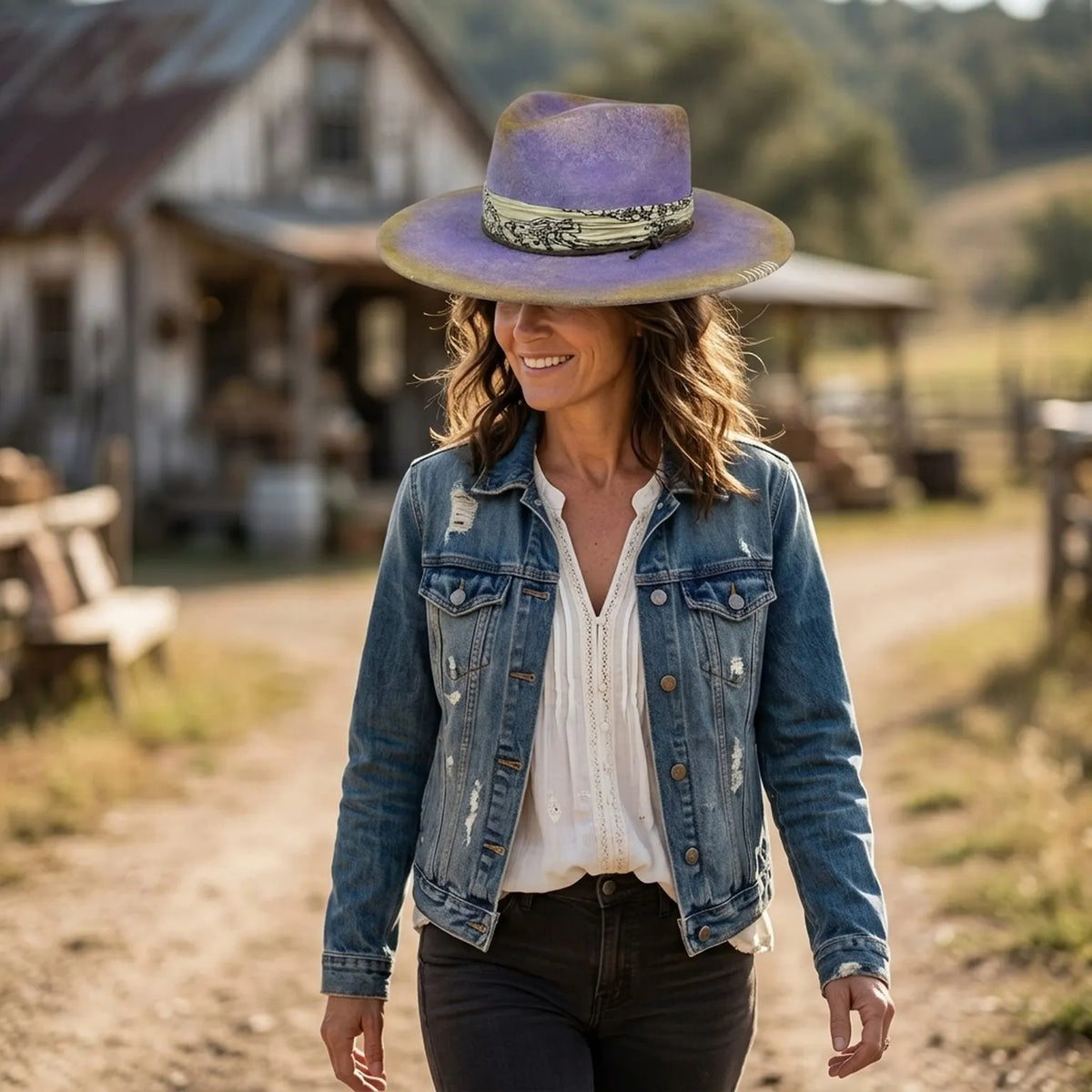 Purple Tie-Dyed Fedora With Patterned Band And Whip-Stitch Brim