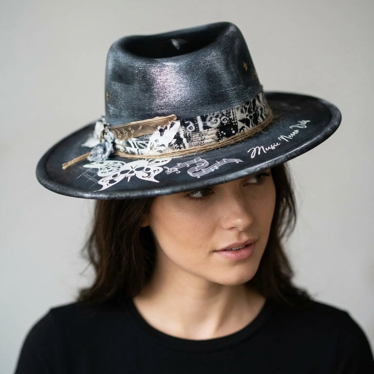 Black Music-Themed Fedora with Skull Butterfly and Bandana