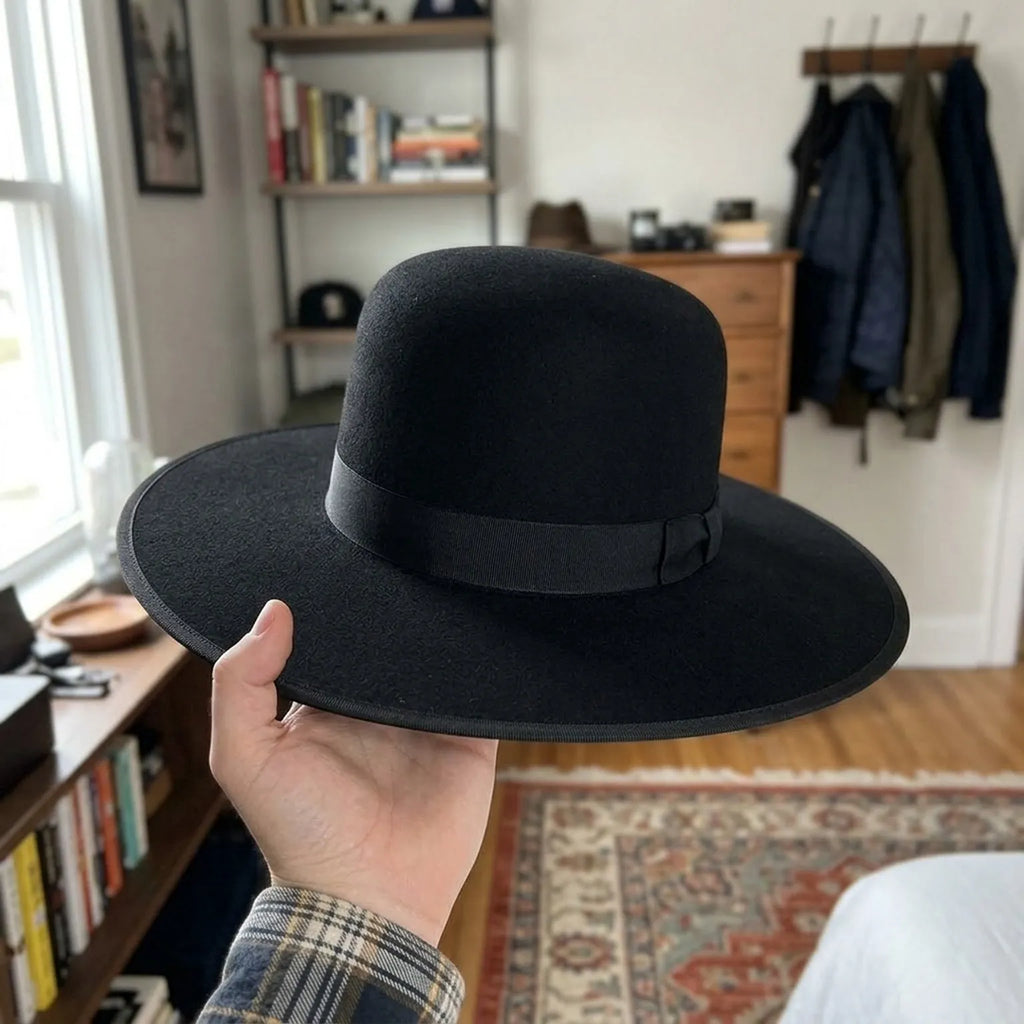 Black Wool Felt Boater Hat with Flat Crown and Grosgrain Band