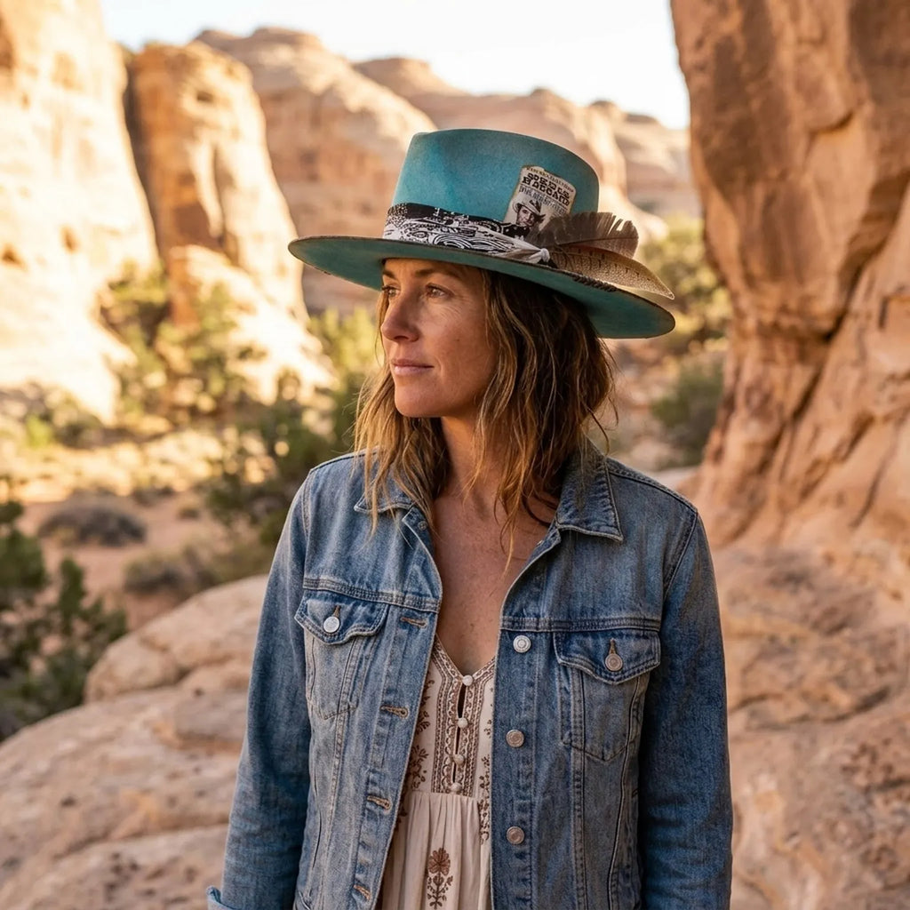 Teal Felt Western Hat with Concert Card Tuck and Feathers