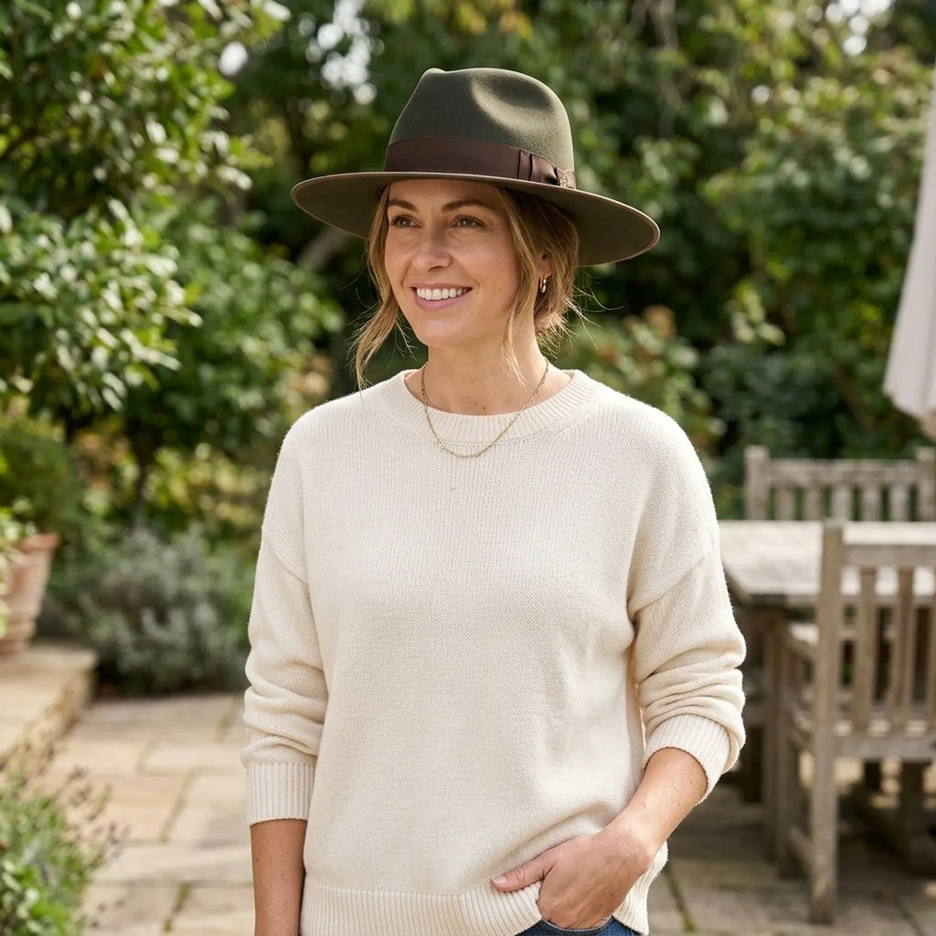 Dark Olive Felt Fedora with Brown Ribbon and Contrast Trim