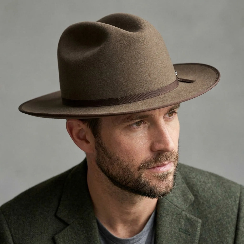 Medium Brown Wool Felt Western Hat with Grosgrain Band Pin