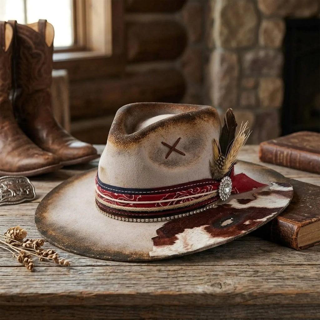 Distressed Brown Felt Western Hat Cowhide Brim Red Bandana