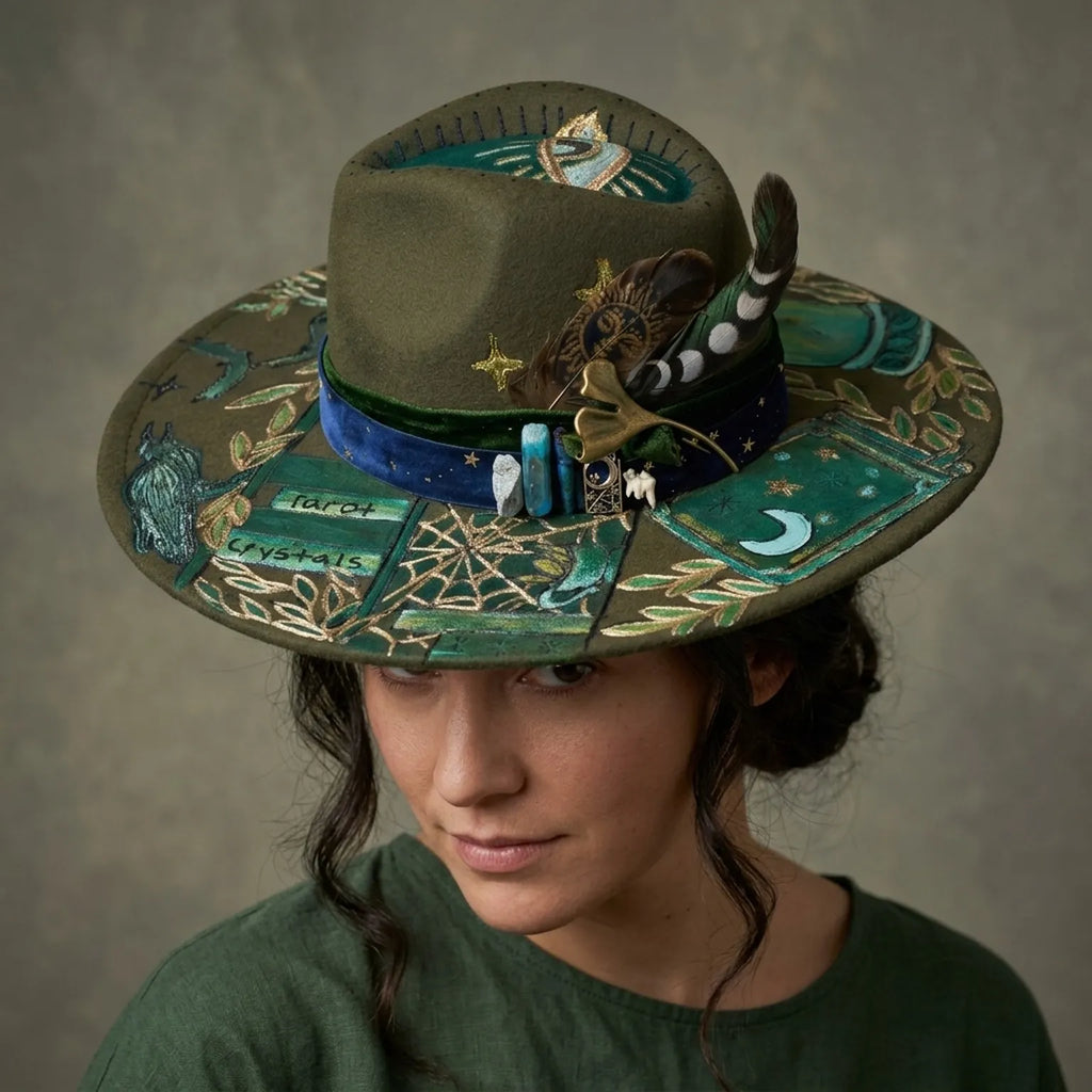 Olive Green Mystical Fedora with Tarot Art, Charms and Feathers