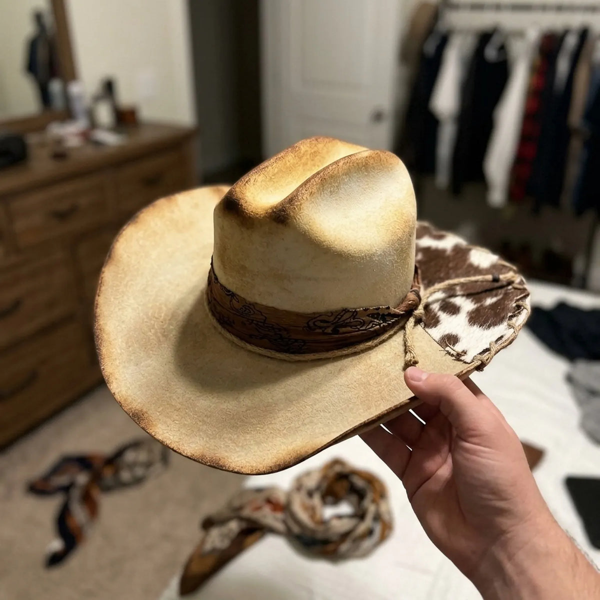 Vintage Cream Cowboy Hat with Burnished Edges and Paisley Band