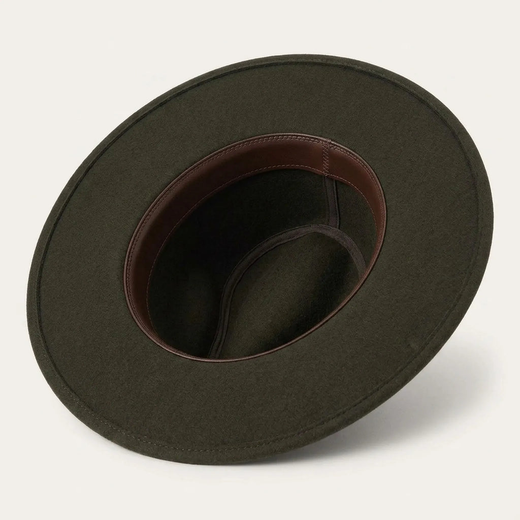 Dark Olive Boho Felt Hat with Cross-Stitched Leather Band