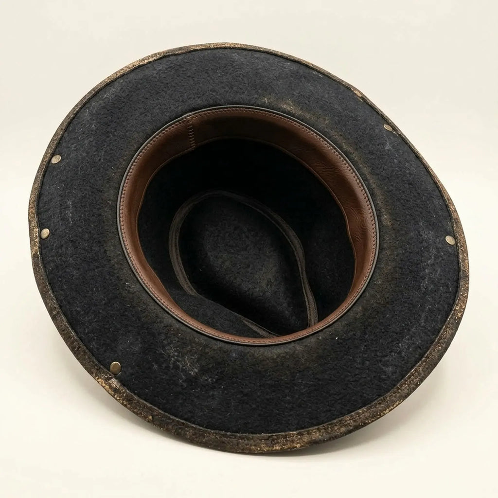Distressed Black Felt Fedora with Burgundy Band and Metal Studs