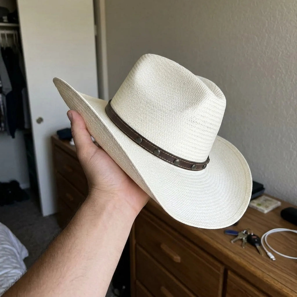 Unisex White Straw Cowboy Hat with Studded Leather Band Detail
