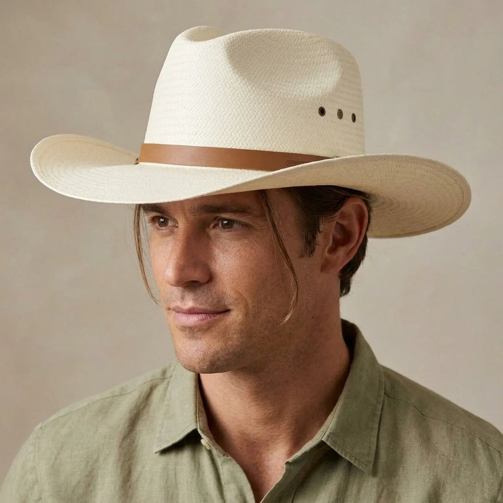 Unisex White Straw Western Hat with Leather Band and Brim Snaps